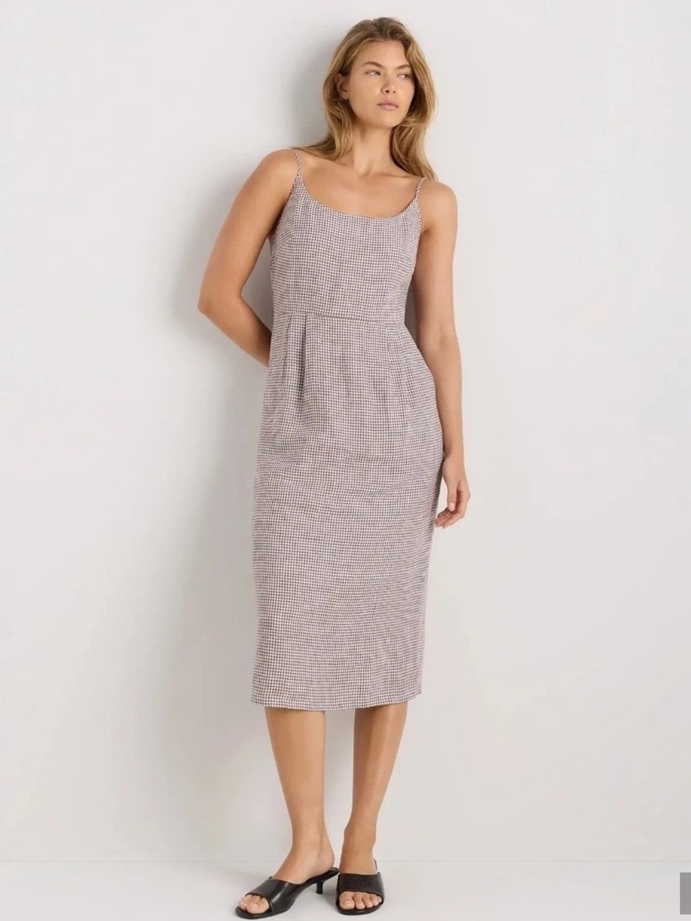 Quince 100% European Linen Midi Dress Taupe Brown Gingham Sz L NEW